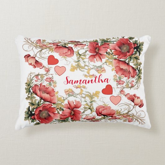 Personalisierte Vintage Mohn und Herz Dekokissen (Vorderseite)