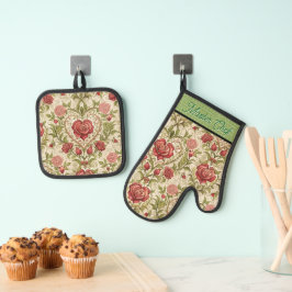 Personalisierte Vintage-Rosen-Ofenhandschuhe und T Ofenhandschuh & Topflappen-Set