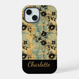 Personalisierte Vintage-Schwarz-Gold-Blumen iPhone 15 Hülle