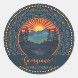 Personalisierte Vintage Wildnis Sunset Dot Mandala Runder Aufkleber