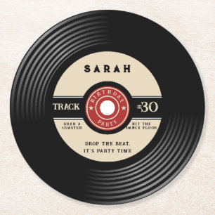 Personalisierte Vinyl-Schallplatten-Geburtstagspap Runder Pappuntersetzer