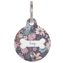 Personalisierte violette Blumen Muster runder Pet Haustiermarke