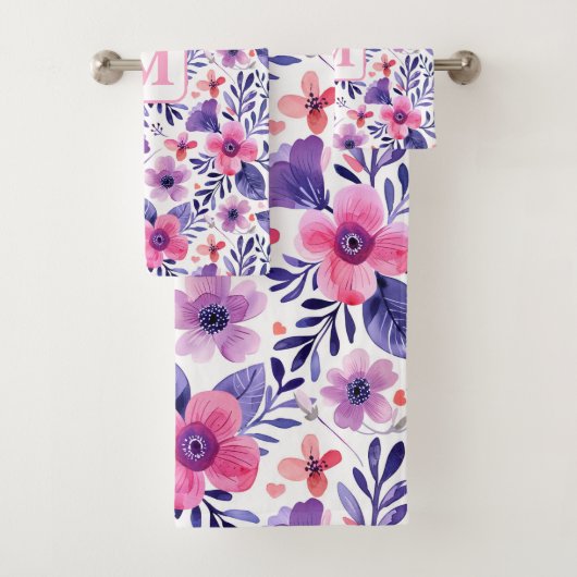 Personalisierte, violette Handblumen Badhandtuch Set (Insitu)