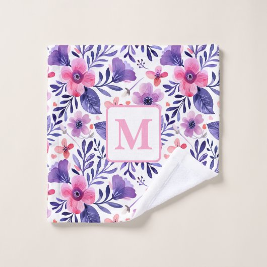 Personalisierte, violette Handblumen Badhandtuch Set (Waschlappen)