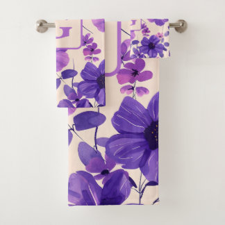 Personalisierte, violette Handblumen Badhandtuch Set