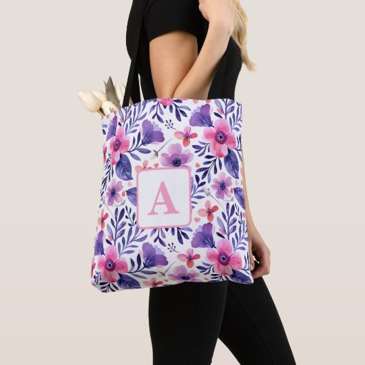 Personalisierte, violette Handblumen Tasche (Von Nahem)