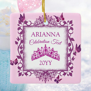 Personalisierte violette Tiara und Schmetterlinge Keramikornament