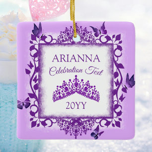 Personalisierte violette Tiara und Schmetterlinge Keramikornament