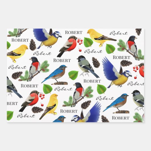 Personalisierte Vögel, Holz und Burlap Geschenkpapier Set (Vorderseite)