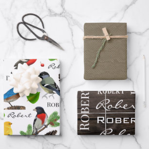 Personalisierte Vögel, Holz und Burlap Geschenkpapier Set