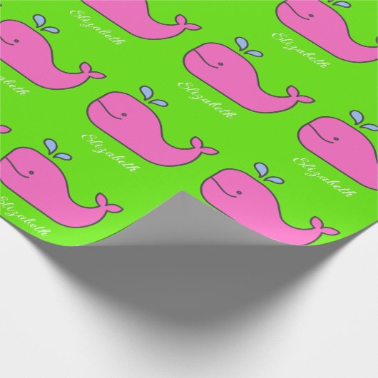 Personalisierte, vorppy-rosa und grüne Wale Geschenkpapier (Ecke)