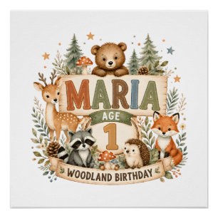 Personalisierte Wald-Geburtstags-Tiere Name und Al Poster