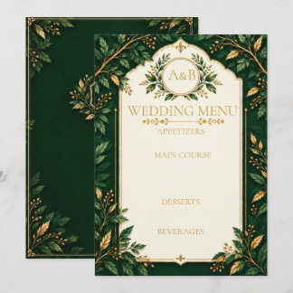 Personalisierte Waldgrün-Gold-Hochzeitsmenüs Menükarte