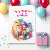 Personalisierte Wasserfarbe Anime Girl Fox Geburts Karte