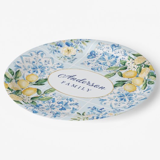 Personalisierte Wasserfarbe Blau Pappteller (Schrägansicht)