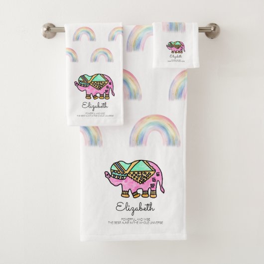 Personalisierte Wasserfarbe Elephant Regenbogen Badhandtuch Set (Insitu)