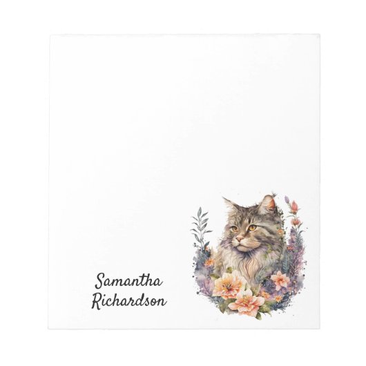 Personalisierte Wasserfarbe Floral Boho Katze Notizblock (Vorderseite)