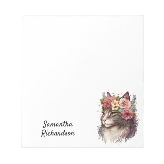 Personalisierte Wasserfarbe Floral Boho Katze Notizblock (Vorderseite)