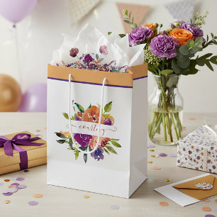 Personalisierte Wasserfarbe floral lila und orange Mittlere Geschenktüte