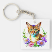 Personalisierte Wasserfarbe Katze und Blume Schlüsselanhänger (Vorderseite)
