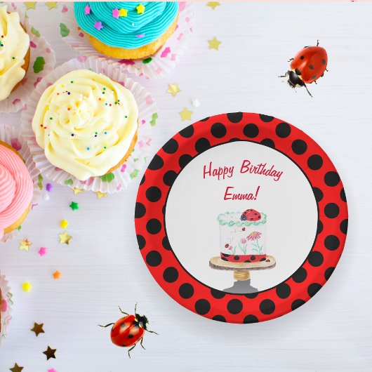 Personalisierte Wasserfarbe Ladybug Geburtstag Pappteller