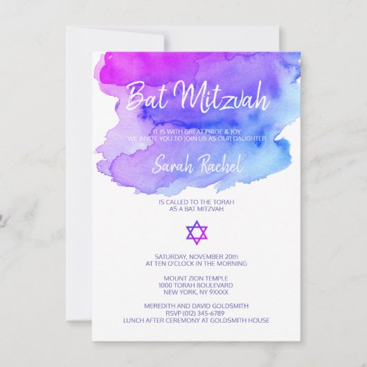 Personalisierte Wasserfarbe Lila Blue Bat Mitzvah Einladung (Vorderseite)