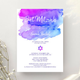 Personalisierte Wasserfarbe Lila Blue Bat Mitzvah Einladung