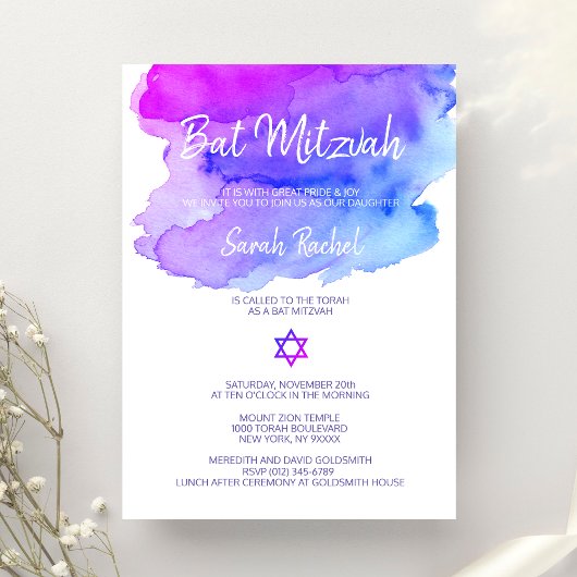 Personalisierte Wasserfarbe Lila Blue Bat Mitzvah Einladung