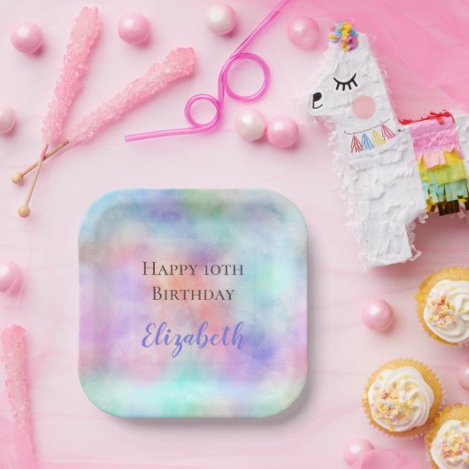 Personalisierte Wasserfarbe Rainbow Pastel Geburts Pappteller (Party)