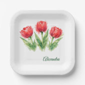 Personalisierte Wasserfarbe Rote Tulpen Pappteller (Vorderseite)