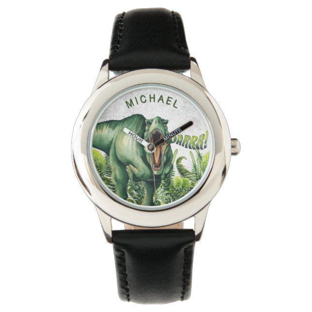 Personalisierte Wasserfarbe T-Rex Dinosaurier Kind Armbanduhr (Vorderseite)