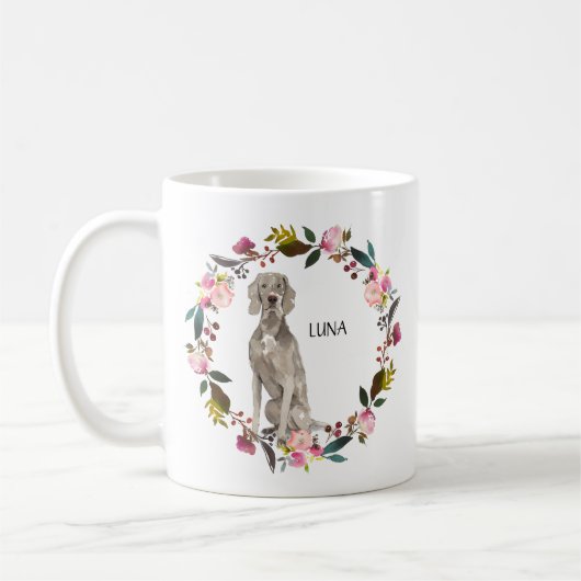Personalisierte Wasserfarbe Weimaraner Rose Kranz Kaffeetasse (Links)