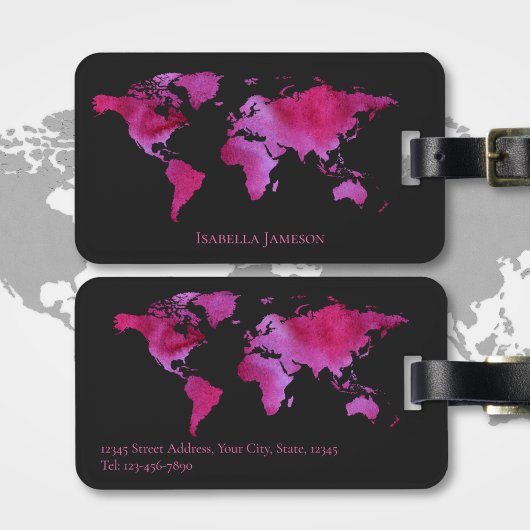Personalisierte Wasserfarbe Weltkarte Hot Pink Bla Gepäckanhänger