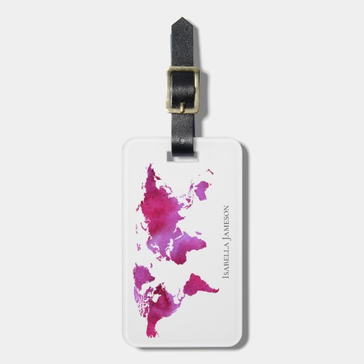 Personalisierte Wasserfarbe - Weltkarte Rosa Weiß Gepäckanhänger (Vorderseite vertikal)