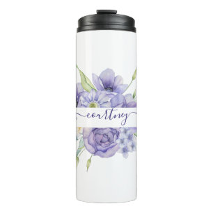 Personalisierte Wasserfarben-Blumen in Lila   Thermosbecher