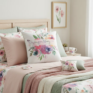 Personalisierte Wasserfarben-Blumen in Rosa und Or Kissen