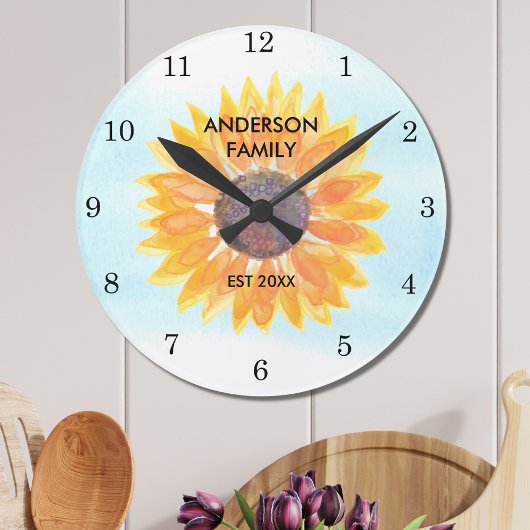 Personalisierte Wasserfarben-Sonnenblume Runde Wanduhr
