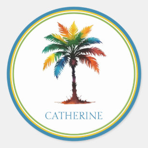 Personalisierte Wasserfarbenpalme Runder Aufkleber