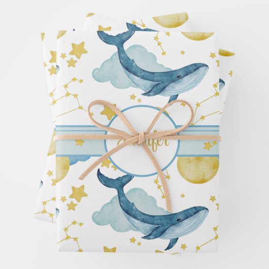 Personalisierte Wasserfarbwale Kindernamen Geschenkpapier Set (Beispiel)