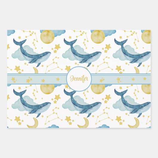 Personalisierte Wasserfarbwale Kindernamen Geschenkpapier Set (Vorderseite)