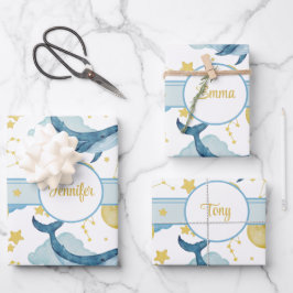 Personalisierte Wasserfarbwale Kindernamen Geschenkpapier Set