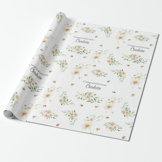 Personalisierte Watercolor Floral Honeybee Geschenkpapier (Ungerollt)