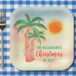 Personalisierte Weihnachten im Juli Party Paper Te Pappteller<br><div class="desc">Feiern wir Weihnachten im Juli mit einer GRILLEN oder einem Party! Laden Sie Ihre Familie und Freunde zu Weihnachten ein und dekorieren Sie es mit den quadratischen Tellern im Inselstil mit handgezeichneten Palmen, die mit Lichtern auf einem Aquarell dekoriert sind. Einfach mit Ihrem Namen anpassbar. Weil wir unsere eigenen Kunstwerke...</div>
