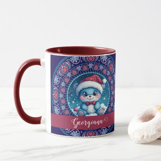 Personalisierte Weihnachten Kawaii Bear Dot Mandal Tasse (Mit Donut)