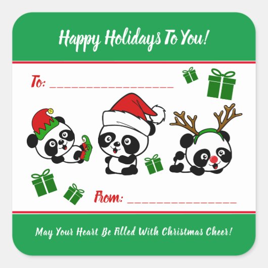 Personalisierte Weihnachten Pandas Quadratischer Aufkleber (Vorderseite)