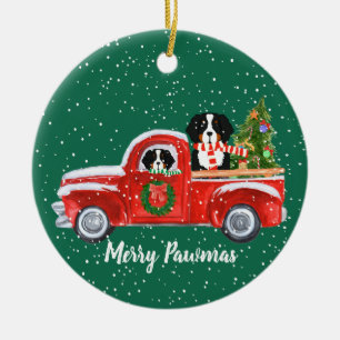 Personalisierte Weihnachts-Berner Hunde Red Truck Keramikornament
