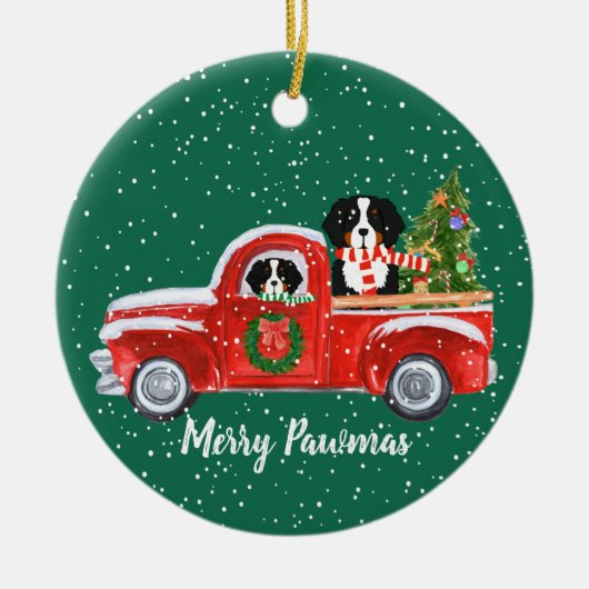 Personalisierte Weihnachts-Berner Hunde Red Truck Keramikornament (Vorne)