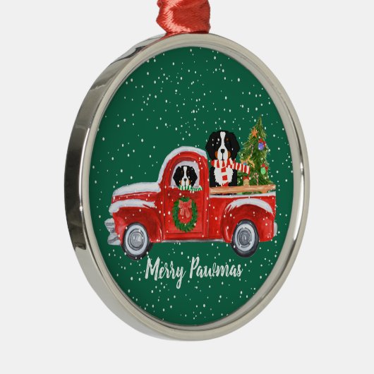 Personalisierte Weihnachts-Berner Hunde Red Truck Silbernes Ornament (Rechts)