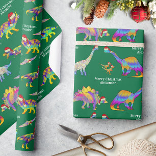 Personalisierte Weihnachts-Dinos mit Jungen-Namen Geschenkpapier