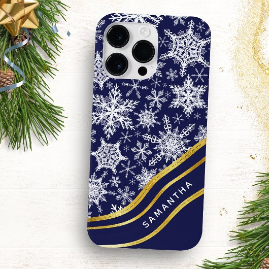 Personalisierte Weihnachts-Navy Blue-Gold-Schneefl Case-Mate iPhone Hülle